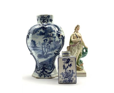  19th Century Faience ware tea caddy painted with Chinese style figures etc. H11cm, Delft blue and white vase H24cm and a Sta