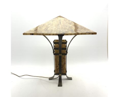  Large contemporary table lamp, inlaid shell style pyramid topped shade, square section column and metal finish frame work on