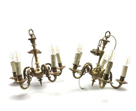  Pair of heavy  brass five light electroliers with leaf scroll branches H39cm   - Condition Report 