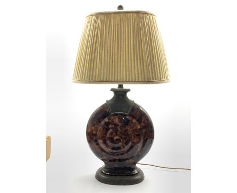  Large contemporary Ammonite form table lamp, inlaid shell work style finish with pleated shade, H84cm   - Condition Report 