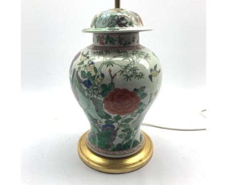  20th century Chinese Famille Verte baluster form table lamp with shade, H63cm overall   - Condition Report 