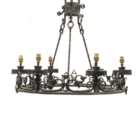  Early 20th century cast iron hanging six branch electrolier-chandelier of Gothic design, D61cm   - Condition Report 