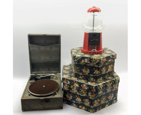  Vintage Gumball Dispenser, wicker picnic hamper, another wicker hamper, two graduated hat boxes and 'The Savana' wind up gra