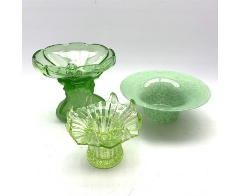  Vintage green glass pedestal bowl supported by three kneeling women H20cm, green Vasart type bowl and a pressed glass bowl a