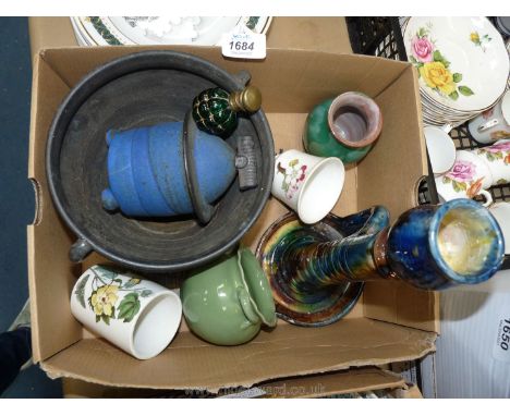 A quantity of china including Portmeirion, Ewenny vase, Barnstaple vase, pottery candlestick, etc.