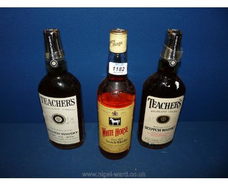 Two bottles of Teacher's and one bottle of White Horse Scotch Whisky.