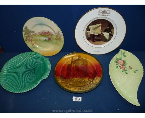 A small quantity of china plates including Carltonware leaf dish, Wedgwood shell dish, display plates etc.