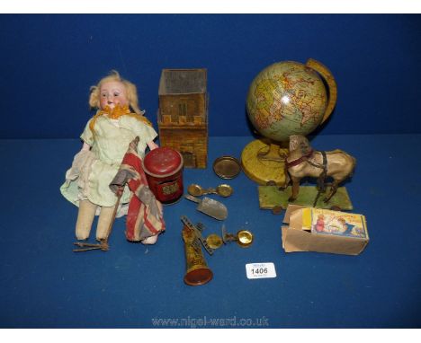 A box of 1930's children's toys including tinplate windmill, fort, GR post-box money bank, tin plate globe, pull along horse,