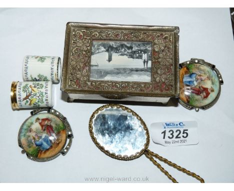 A pretty white metal trinket box with lake scene on the lid, Bilston &amp; Battersea enamelled needle case , a/f, pair of pol
