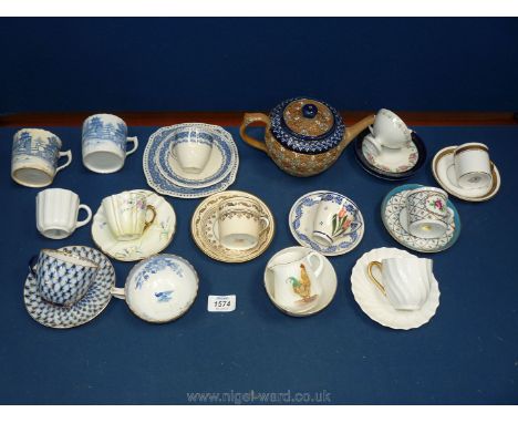 A quantity of cabinet cups and saucers including Royal Doulton, hand painted, USSR etc., plus a Doulton and Slaters teapot.