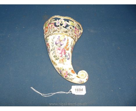 A floral painted porcelain horn shape wall posy holder with a crossed arrow blue mark, possibly Kalk porcelain, 8 1/2" x 6".