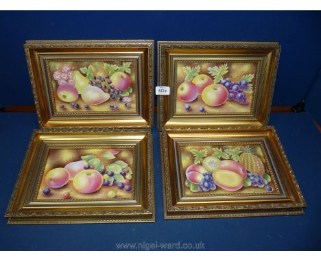 Four gilt framed ceramic tiles of Peaches,, Blackcurrants, Grapes etc, after Leaman.