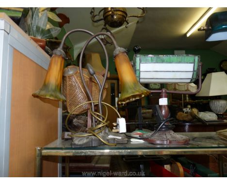 An attractive table Lamp with bronzed effect base, decorated with dragonfly and two bell shape shades.