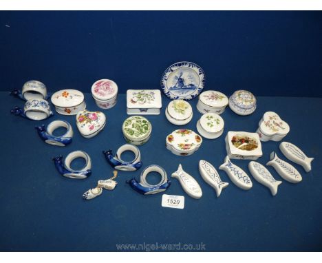 A quantity of miscellanea to include a pair of very small clogs, Delft trinket saucer, six blue and white napkin rings, six s