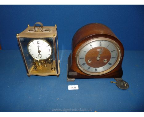 A Kundo Anniversary Clock in glass case, a/f, 7 1/2'' x 4'' together with a Smiths wooden cased Mantle Clock.