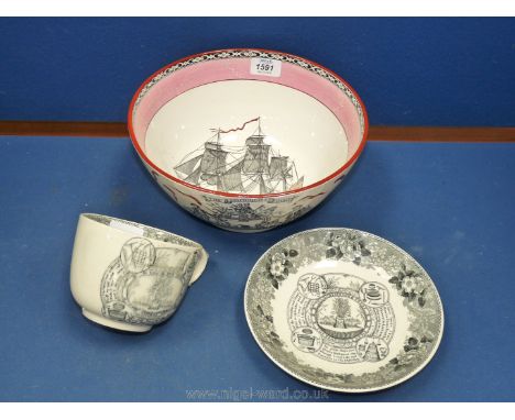 A vintage Adams pottery lustreware 'Ship Caroline' bowl in the 19th century Sunderland style, 10" x 5" and an Adams oversize 