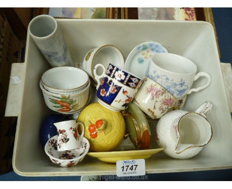 A quantity of china including Coalport mask-head jug, moustache cup and saucer, imari cup and saucer, miniature Coalport jug 