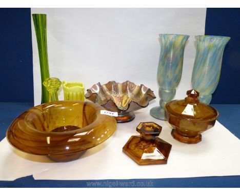 A quantity of smoked, carnival and coloured glass including candlestick, lidded pot, rose bowl, stem vase and milk jug.