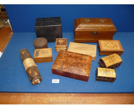 A box of wood and straw boxes including money boxes, trinket etc.