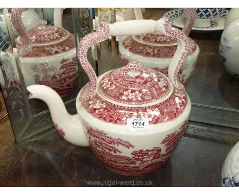 A large Spode teapot in red and cream. Cracks to base. 12 1/2" high x 11" diameter.
