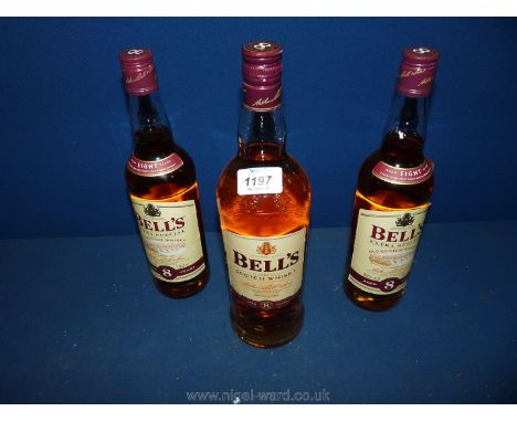 Three bottles of Bells Scotch Whisky including one of 1 litre size.