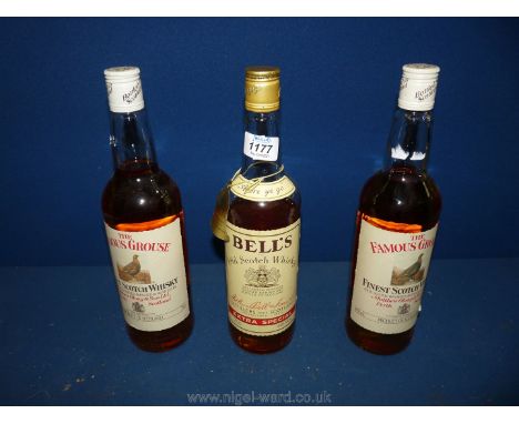 Two bottles of Famous Grouse Scotch Whisky and a part bottle of Bells Scotch Whisky (unopened)