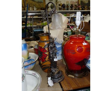 A bronzed finished Lamp with lady standing, with shade, 27" tall. 