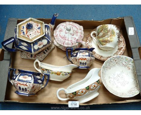 A box of mixed china to include; matching teapot on stand, sugar bowl and milk jug, blue &amp; gold Palissy cup &amp; saucer,