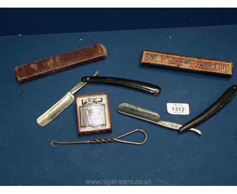 Two cased cut throat Razors, metal crochet hook and a Ronson C201 Cadet lighter.