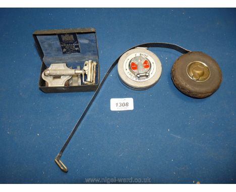A leather John Rabone &amp; Sons 33' measuring tape, a Rabone Chesterman 10m retractable tape and a vintage boxed Wilkinson S