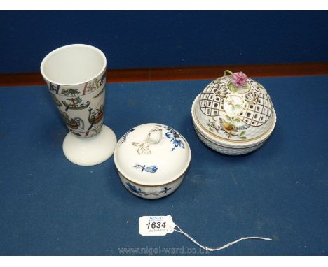 Three pieces of china including Meissen style blue and white lidded trinket dish with bud finial and gilding, Limoges 'Capiss