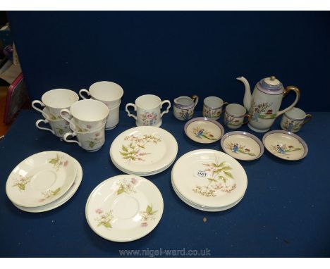 Two part teasets: one being hand-painted oriental consisting of a teapot, jug, three cups and saucers, and the other white gr