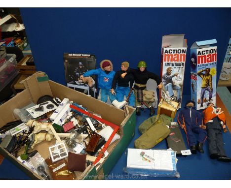 A box of Action Man accessories, plus five Action Man figures.