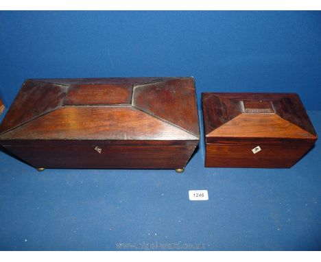 A sarcophagus shaped tea caddy, lids present, mixing bowl absent and another smaller caddy in the same shape, a/f.