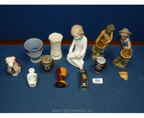 A small quantity of ornaments including Nao child reading, modern Belleek vase, Spode pot, Fenton part cruet, oriental pair a