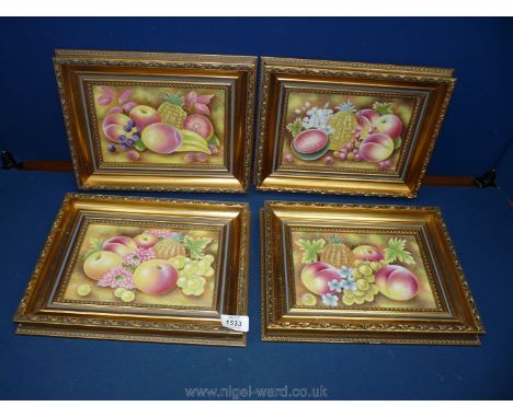 Four gilt framed ceramic tiles (after Leaman), of  Peaches, Pineapples etc.
