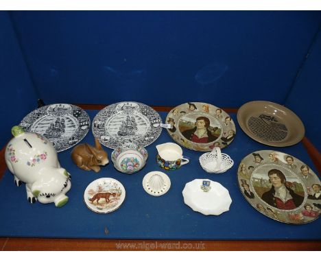 A quantity of china including large Pig money box, Rabbit, Hummel lemon squeezer,, dishes, Steak and Kidney pie dish, Royal D