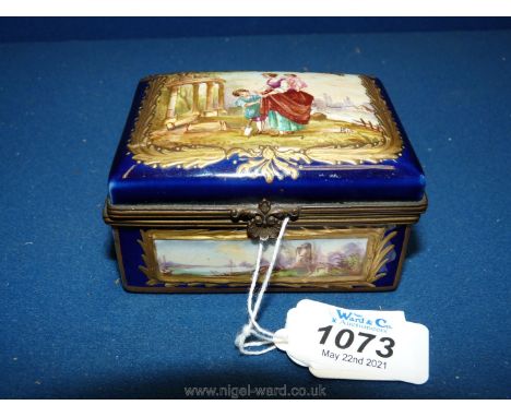 A Continental rectangular enamel box with figures and classical scenes on dark blue ground and gilded borders, 3 1/2'' x 2 1/
