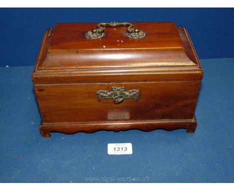 A Mahogany veneered Tea caddy with key, carrying handle and three compartments, 5 1/4'' x 6'' high x 9 1/2'' wide