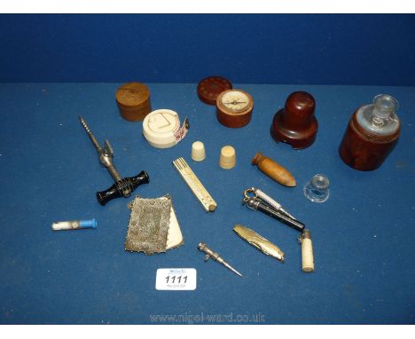 A quantity of Treen including compass, flask etc plus an Ivory Rabone ruler, penknife, plated champagne tap, thimbles,, tape 