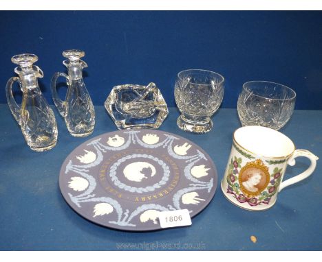 A pair of small Webb Corbett vases, Daume France crystal stylized pestle and mortar, pair of cut glass vinegar and oil jugs, 
