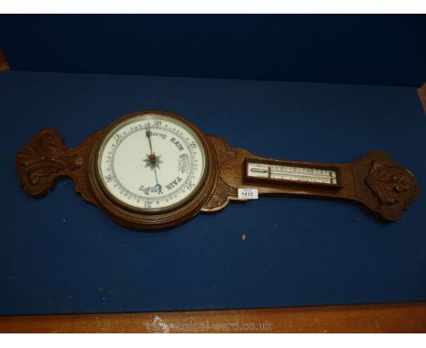 Edwardian carved oak cased banjo Barometer and Thermometer.