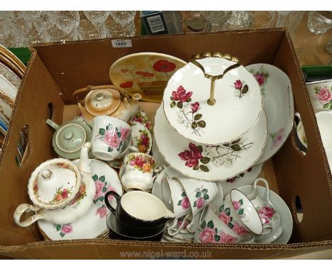 An Old Foley three tier cake stand and a part Teaset decorated with pink roses, Old Country Roses teapot etc.