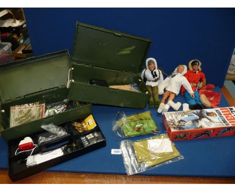 A box of three 'Action Man', one a/f., plus two green storage boxes with contents.
