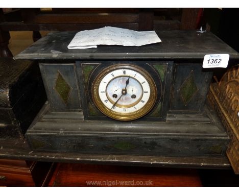 A French slate Mantle Clock circa 1880 with green diamond detail, no key, 16'' x 8 1/2'' x 7''.