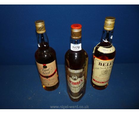 A bottle each of Grants, Bells and Royal Award Scotch Whisky.