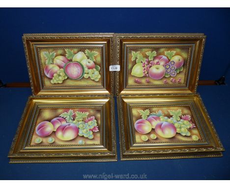 Four Gilt framed ceramic tiles of peaches, Watermelon, Grapes and flowers, after Leaman.