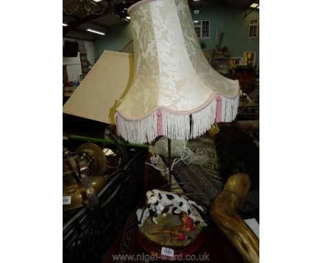 A table Lamp with composite model of working dog with two pheasants on base with a cream fringed lampshade, 28" tall incl. sh
