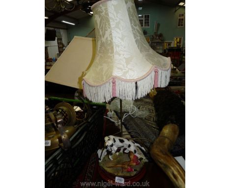 A table Lamp with composite model of working dog with two pheasants on base with a cream fringed lampshade, 28" tall incl. sh