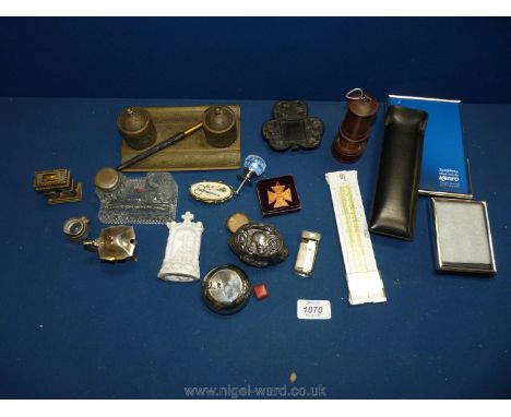 A quantity of  miscellanea including trinket boxes, plated frames, ink stands in brass and glass etc.